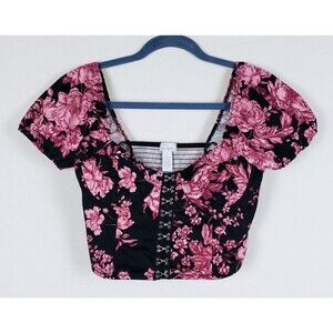 West of Melrose Crop Top Whimsigoth Womens M Floral Hook Eye Front Smocked Goth